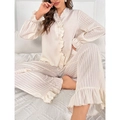Elegant cream ruffled pajama set with V-neck long sleeve cardigan and striped texture - S / Beige