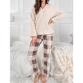 Ensemble pyjama en polaire corail pour femme avec haut beige et pantalon à carreaux - S / Haut Beige Avec Pantalon À Carreaux Marron Blanc