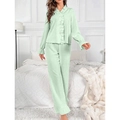 Women's mint green V-neck loungewear set with ruffled edges and vertical ribbed texture - Green