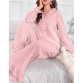Pink ribbed pajama set with long sleeves and ruffle trim for a cozy lounge look - S / Pink