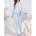 Close-up of light blue pajama set with ruffled edges and ribbed knit texture details - S / Blue