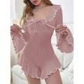 Close-up of pink ruffle pajamas with flare sleeves and white trim detailing - Lotus Pink White Edge