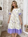 Süßes weißes Blumen-Nachtkleid mit lila Tulpenmuster und doppelter Rüschensaum - Lila