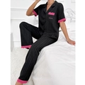 Damen Schlafanzug Set in Schwarz mit Plissee Optik und rosa Spitzenbesatz - S / Schwarz
