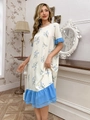 Floral nightgown in cream with blue ruffles and sweet garden print lounge dress - S / Blue