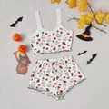 Sexy Damen Halloween Schlafanzug Set mit Spitze und Kürbis Motiven zwei Stück - S / Weiß