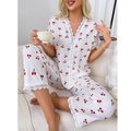 Set pigiama da donna in maglia a nido d'ape con stampa di ciliegie e bordi in pizzo - S / Bianco