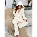 White hooded plush loungewear set with textured diamond pattern for women - S / Beige