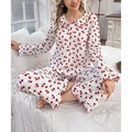 Zoete pyjamaset voor dames met kersenprint, lange mouwen en Peter Pan-kraag - S / Wit met rode bloemen