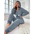 Blue hooded fleece jumpsuit for women featuring embossed checkered pattern and white pom-poms - Blue Gray