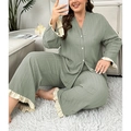 Set pigiama verde a maniche lunghe con scollo a V e finiture in pizzo per donna - 3XL / Verde