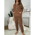 Cozy brown fleece pajama set with quarter-zip top and white side stripe detailing - S / Top And Bottom / Brown