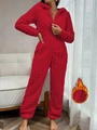 Women's warm red coral fleece hooded jumpsuit pajamas with thick plush thermal fabric - Red
