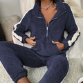 Women's dark blue fleece pajama set with half-zip top and striped trousers for winter comfort - S / Royal Blue