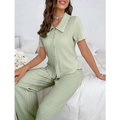 Women's light green pajama set with button-down short sleeve shirt and textured pants - Green