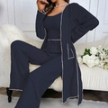 Three-piece navy blue lounge set with contrast piping and textured fabric - S / Cardigan-Cami-Pants / Royal Blue