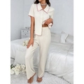 Conjunto de pijama para mujer con top texturizado de manga corta y pantalón largo - S / Beige