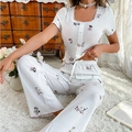 Women floral waffle knit pajama set with square neck lace top and wide leg pants - S / Brown Floral