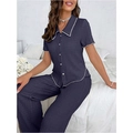 Women's 2-piece dark blue textured pajama set with button-down shirt and long trousers - Sapphire Blue
