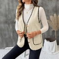 Cream fleece vest with black contrast embroidery and gold buttons for women - S / Apricot
