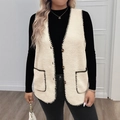 Women's cream-colored fleece vest with contrast black stitch detailing and buttons - 0XL / Plus Size Apricot