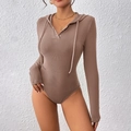 Slim fit brown ribbed knit long sleeve hooded bodysuit with metal button neck - Mocha Brown