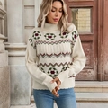 Crèmekleurige coltrui voor dames met vintage geometrische patronen en ribgebreide boorden - S / Broken Wit