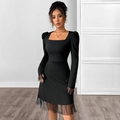 Elegant black A-line mini dress with square neck, puff sleeves and mesh details - S / Black