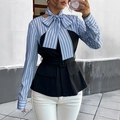 Elegant striped patchwork peplum top with large bow and belt for women's workwear - S / Blue