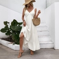 Elegant white sleeveless V-neck tiered maxi dress for summer vacation and resort wear - S / Off White
