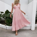 Elegant light pink sleeveless tiered maxi dress with V-neck and ruffle shoulder details - S / Pink