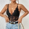 Sexy black lace bodysuit with deep V-neck and sheer mesh panels for women - S / Black