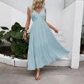 Light blue V-neck sleeveless maxi dress with tiered cake skirt for summer vacation wear - S / Light Blue