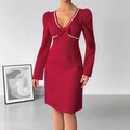 Elegant red long-sleeved V-neck dress with pearl beads and bow detail for women - S / Red