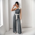 Elegante grijze jumpsuit met één schouder, grote witte strik en tailleband dames - S / Grijs