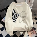 Sudadera de mujer blanco roto a rayas con decoración de lazo 3D asimétrico grande - S / Beige