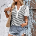 Short-sleeve T-shirt with black and white stripes and white puff sleeves in a variant view - S / White