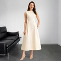 Elegante vestido línea A sin mangas color crema con cuello redondo y bolsillos decorativos - S / Albaricoque