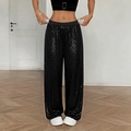 Women's sparkling black sequin high waist wide leg trousers with elastic waist design - S / Black