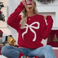 Pull de Noël femme rouge et blanc avec motif jacquard grand nœud et coutures décoratives - S / Rouge