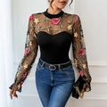 Sexy black long sleeve bodysuit featuring sheer mesh lace floral embroidery and heart cutout - S / Black