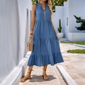 Blue tiered midi sleeveless dress with stand collar and buttons for summer holiday vibes - S / Blue