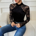Elegant black velvet bodysuit with silver sequins and floral lace sleeves - S / Black