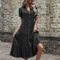 Robe midi noire à manches courtes avec boutons et jupe à volants multicouches - S / Noir