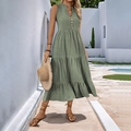 Sage green V-neck sleeveless tiered midi dress with textured fabric and buttons - S / Green