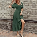 Elegant dark green V-neck dress with ruffle sleeves and high-waist tiered skirt design - S / Green