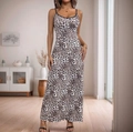 Slim fit leopard print maxi dress with thin black straps and a stylish V-neckline - S / Coffee Brown Leopard