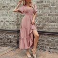 Elegant dusty pink V-neck maxi dress with tiered skirt and flutter sleeves for summer - S / Pink