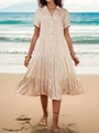 Short sleeve champagne satin tiered button-down dress for summer beach vacation style - Apricot