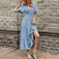 Elegant blue V-neck maxi dress with ruffled short sleeves and elastic waist - S / Blue